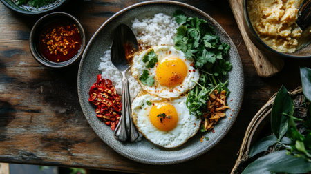A beautifully arranged breakfast plate featuring sunny-side-up eggs on rice, garnished with fresh herbs and vibrant spices, perfect for food lovers.の素材