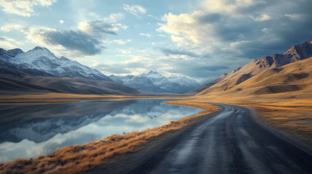 A tranquil mountain road winds alongside a reflective lake, framed by majestic peaks and dramatic clouds, inviting exploration and adventure.の素材