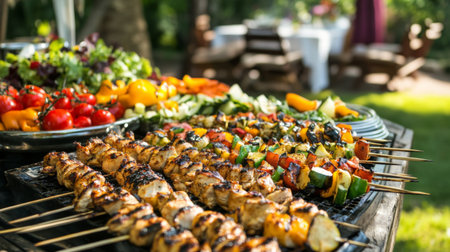 A vibrant display of freshly grilled chicken and vegetables served skewered on sticks, perfect for outdoor gatherings and summer picnics.の素材