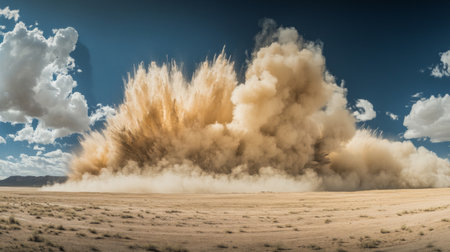 A dramatic dust explosion erupts in a vast desert landscape under a bright blue sky, showcasing the power and beauty of natural phenomena in an open environment.の素材