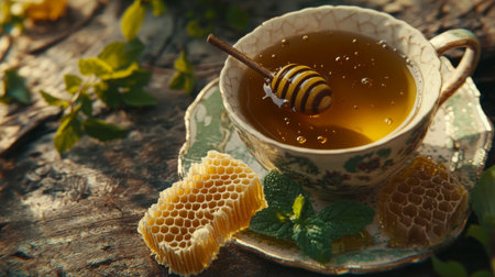 A serene scene featuring a cup of honey tea, honeycomb, and fresh mint leaves on a rustic wooden table, perfect for a calming afternoon moment.の素材