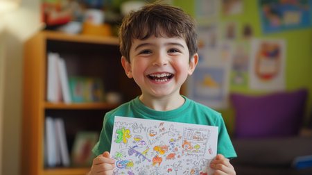 A joyful child proudly displays his colorful artwork, capturing pure happiness and creativity. This delightful portrait showcases a moment of childhood joy indoors.の素材