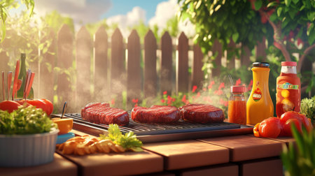 Experience the joy of outdoor grilling with this vibrant image. Steaks and fresh toppings are set against a beautiful garden backdrop, perfect for summer gatherings.の素材