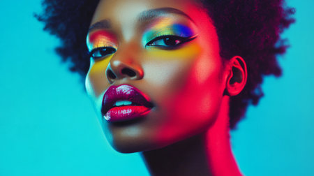 A stunning close-up portrait showcasing vibrant makeup and bold colors. The model's expressive features and artistic style create an eye-catching visual art piece.の素材