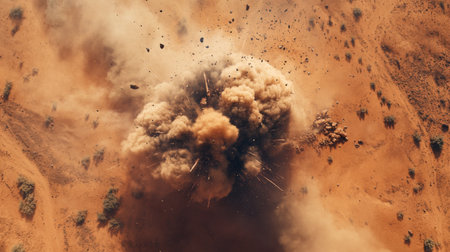 A powerful explosion erupts in a desert landscape, sending smoke and debris into the air. The dramatic scene captures the chaos and energy of the event.の素材
