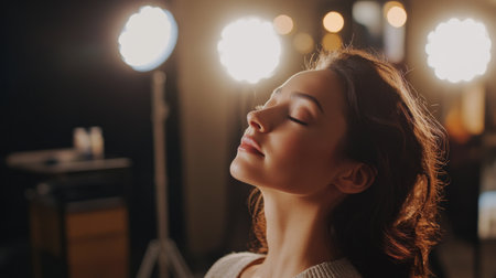 A serene portrait of a woman enjoying the moment under soft studio lights, highlighting her natural beauty and graceful expression in a tranquil setting.の素材