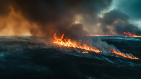 A powerful image depicting a wildfire raging across a barren landscape, with thick smoke and flames illuminating the dark sky, highlighting the environmental impact of fire.の素材