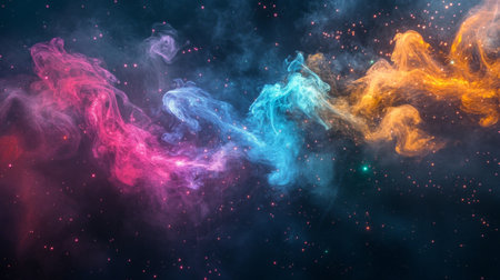A vibrant, colorful cosmic nebula floating in deep space, showcasing brilliant clouds of gas and dust against a dark background, creating an ethereal atmosphere.の素材