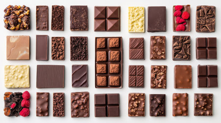 A visually appealing assortment of chocolate bars featuring various types and flavors arranged neatly on a white background, perfect for food lovers.の素材