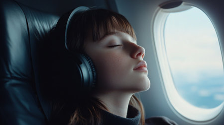 A young woman relaxes on an airplane, wearing headphones and enjoying the serene view through the window. Perfect for themes of travel and relaxation.の素材