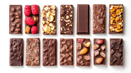 A vibrant assortment of chocolate bars featuring nuts and berries, perfect for snack lovers. This delicious arrangement showcases various textures and flavors.の素材