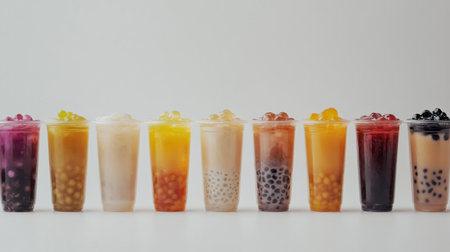 A vibrant display of various boba tea drinks in clear cups, showcasing different flavors and textures, perfect for summer refreshment and social gatherings.の素材