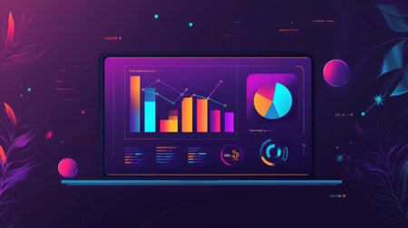 A vibrant laptop screen displaying colorful data visualizations, including graphs and charts. This modern design perfectly represents analytics and technology.の素材