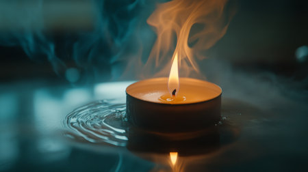 A serene candle flame dances above a reflective water surface, surrounded by soft smoke. Perfect for evoking calmness and tranquility in any setting.の素材