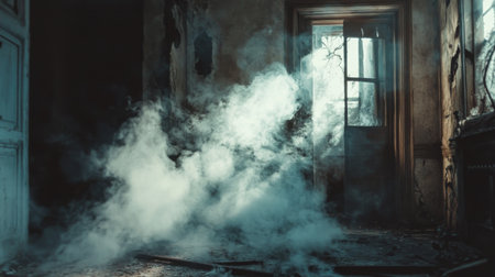 A hauntingly beautiful view of an abandoned room filled with fog and soft light, evoking feelings of mystery and nostalgia in a decaying interior space.の素材