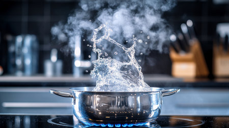 A striking image of water splashing in a stainless steel pot on a stove, showcasing the dynamic motion and energy of cooking. Perfect for culinary themes.の素材