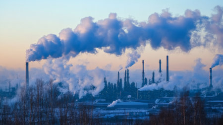 An atmospheric view of a refinery emitting thick smoke at dusk, highlighting the impact of industrial operations on air quality and the environment.の素材