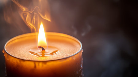 Captivating image of a warm candle flame emitting gentle smoke, creating a serene ambiance ideal for relaxation, meditation, or cozy home decor.の素材