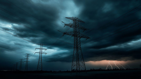 A dramatic view of dark storm clouds overhead with lightning strikes illuminating the landscape, featuring silhouetted power lines under an ominous sky.の素材
