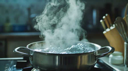 A pot on a modern stove gently releases steam, creating a warm and inviting atmosphere in a cozy kitchen, perfect for food preparation and culinary delights.の素材