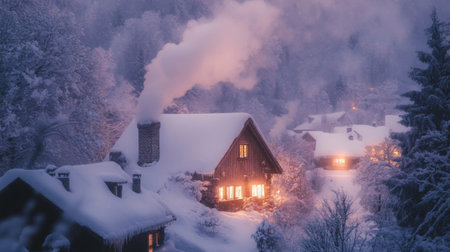 A charming cabin surrounded by fresh snow portrays a serene winter evening. Soft light emanates from the windows, enhancing the cozy atmosphere in the woods.の素材