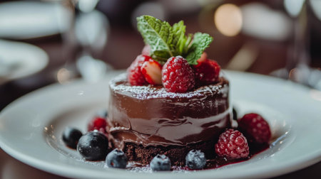 A gourmet chocolate dessert topped with fresh berries and mint leaves, elegantly presented on a white plate. Perfect for food photography.の素材