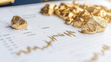 A close-up of shiny gold nuggets on a financial chart, symbolizing investment and wealth growth. Ideal for themes of finance and prosperity.の素材