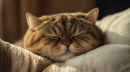 A serene close-up of a sleepy cat napping peacefully on a soft blanket, capturing the essence of comfort and tranquility in a cozy home setting.の素材