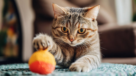 A playful domestic cat focused on a colorful toy ball, showcasing its curious nature. The soft fur and vibrant colors create a cozy atmosphere.の素材