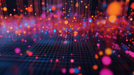 A stunning abstract design featuring vibrant particles and glowing lights. Perfect for backgrounds, technology themes, or digital art projects.の素材