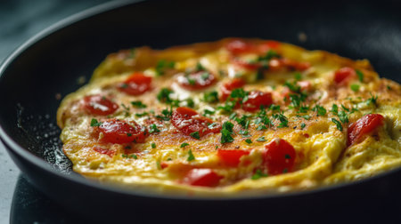 A fresh tomato and herb omelette cooked to perfection in a black frying pan. This vibrant dish offers a delicious twist on a classic breakfast option.の素材