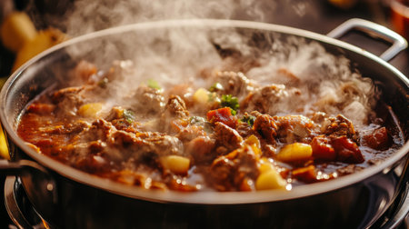 A close-up view of a simmering beef stew in a black pot, releasing steam filled with rich aromas, showcasing fresh ingredients and vibrant colors, ideal for warmth and comfort.の素材