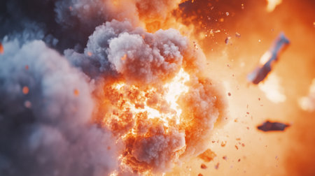 A captivating image of an explosive event, showcasing vibrant flames and billowing smoke. The scene evokes chaos and intensity, perfect for dramatic projects.の素材