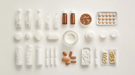 Flat lay image showcasing an organized arrangement of various health supplements and medications on a clean white background for wellness and healthcare themes.の素材