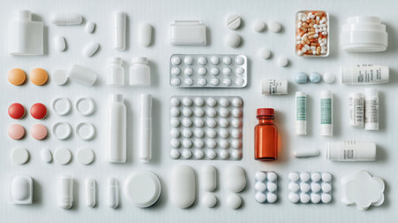 A flat lay composition featuring a diverse assortment of medications, including pills, capsules, and bottles in various colors and shapes, representing health and wellness.の素材
