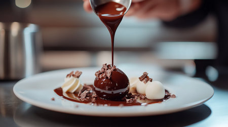 A luscious chocolate dessert topped with a rich sauce, garnished with creamy dollops and chocolate pieces, perfect for gourmet dining and indulgent treats.の素材