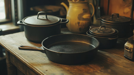 A rustic setting featuring cast iron cookware on a wooden table. This still life composition highlights kitchen essentials and evokes a warm ambiance.の素材