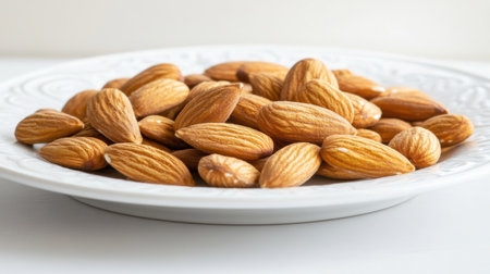 A close-up of raw almonds displayed on a stylish white plate, showcasing their rich texture and natural color against a neutral background. Ideal for food photography.の素材