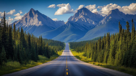 A scenic road stretches through a vibrant green forest, leading towards majestic mountains under a beautiful sky, perfect for outdoor adventures and travel.の素材