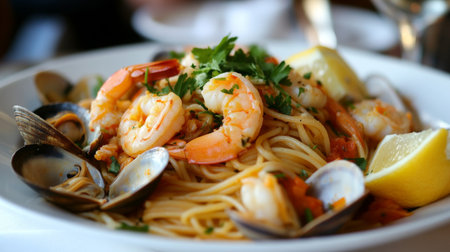A vibrant seafood pasta dish featuring shrimp and clams, garnished with fresh herbs and lemon. Perfect for inviting dining experiences and gourmet delights.の素材