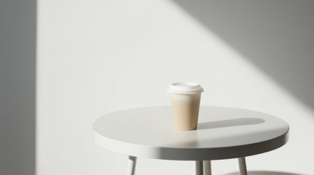 A solitary coffee cup rests on a round table, highlighted by soft light and gentle shadows, creating a calming and minimalist atmosphere ideal for relaxation.の素材