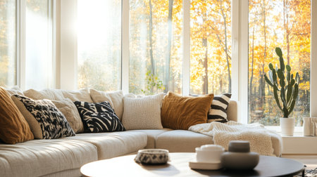A cozy living room bathed in warm autumn sunlight, featuring stylish decor and a scenic view of vibrant fall foliage outside the large windows.の素材