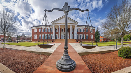 A majestic courthouse building stands proudly, framed by justice scales in the foreground. The clear sky and manicured lawns enhance the scene's tranquility.の素材