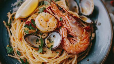 A vibrant plate of seafood pasta featuring succulent shrimp, fresh clams, and a hint of lemon, perfect for gourmet dining or a cozy meal at home.の素材