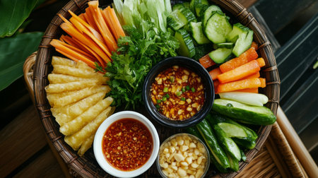 A vibrant and fresh veggie platter featuring an array of colorful vegetables paired with flavorful dipping sauces, perfect for a healthy snack or appetizer.の素材