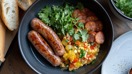 A delicious plate featuring grilled sausages paired with a vibrant vegetable medley and fresh herbs, perfect for a hearty meal or snack.の素材