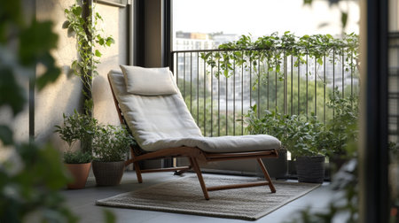 A tranquil balcony scene featuring a cozy lounge chair surrounded by lush greenery, creating a perfect outdoor relaxation space with a bright atmosphere.の素材
