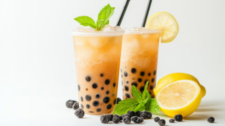 Enjoy a refreshing bubble tea served with lemon and mint, perfect for summer days. The vibrant drink features ice and delicious bubbles, enticing for all.の素材