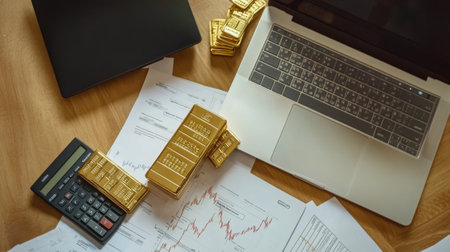 A flat lay of gold bars, financial documents, and a laptop on a wooden desk, illustrating themes of wealth, investment, and financial analysis in a professional setting.の素材