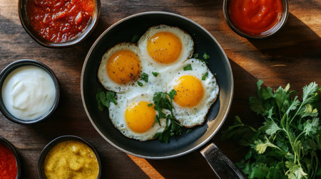 A vibrant scene featuring fresh fried eggs garnished with herbs, surrounded by various condiments on a rustic wooden table, perfect for breakfast dishes.の素材